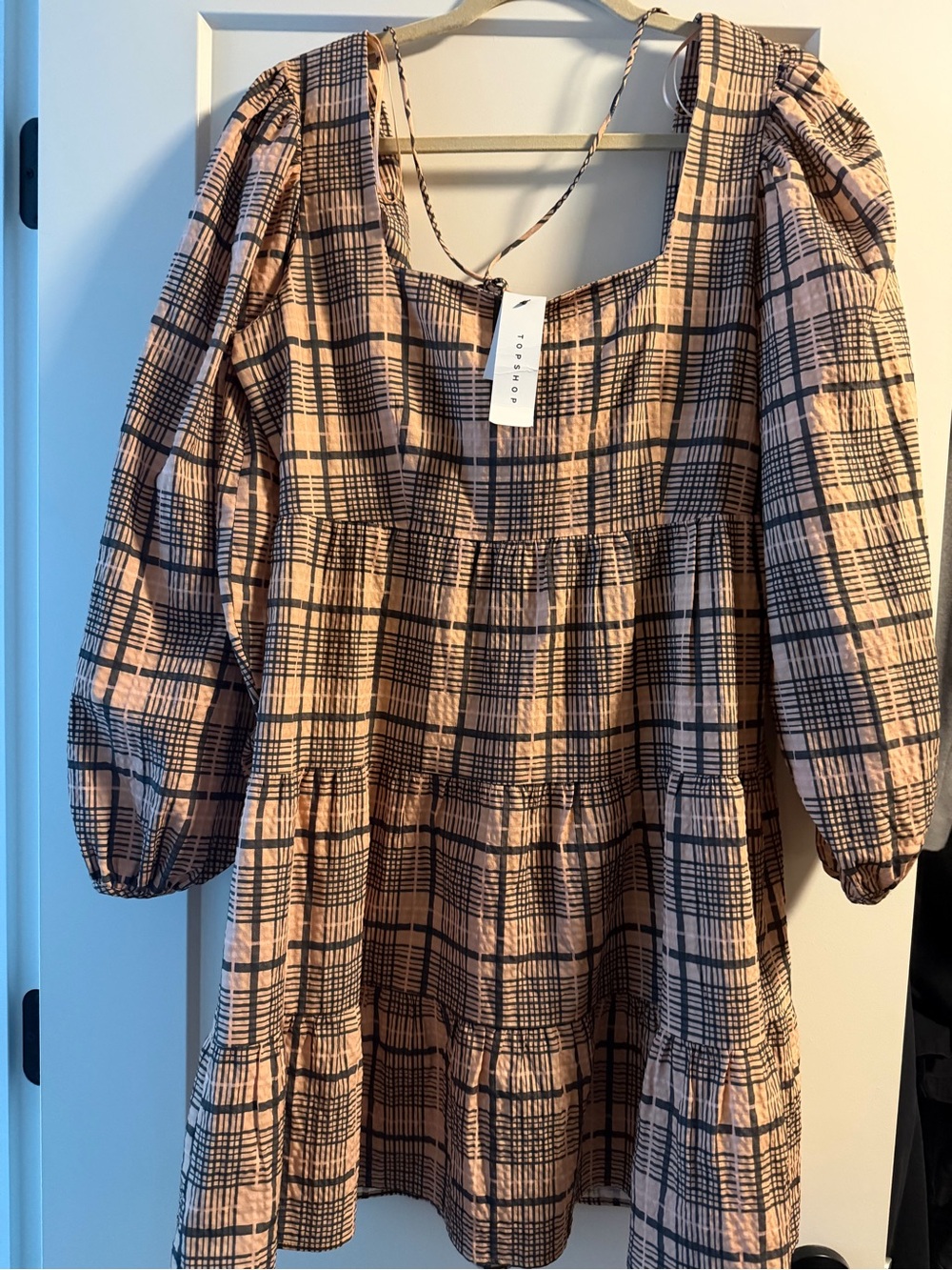 Topshop Pink Plaid Puff-Sleeve Babydoll Tunic
